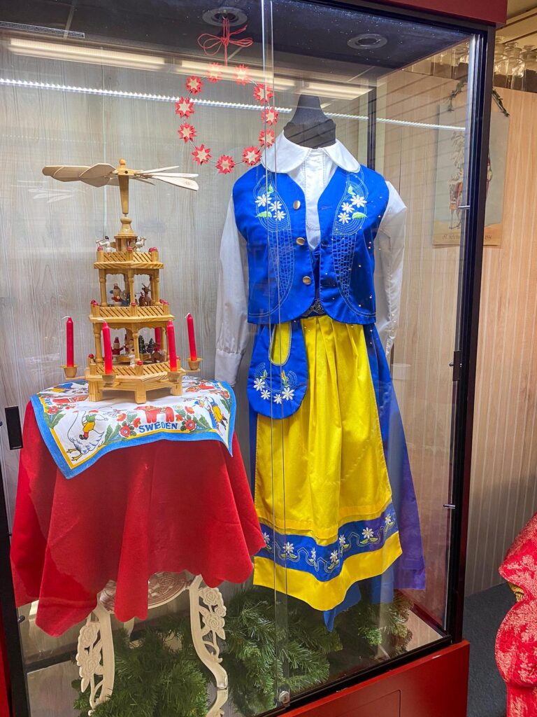 Swedish folk dress and Christmas decorations exhibit at Chisago County Historical Society, Lindstrom, Minnesota