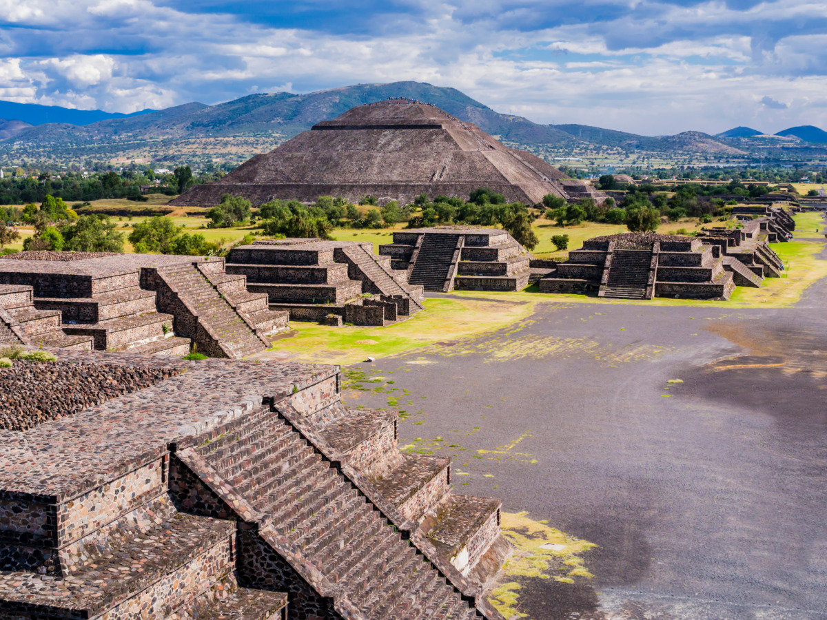 Aerial view of the Avenue of the Dead located at the Teotihuacan in Mexico