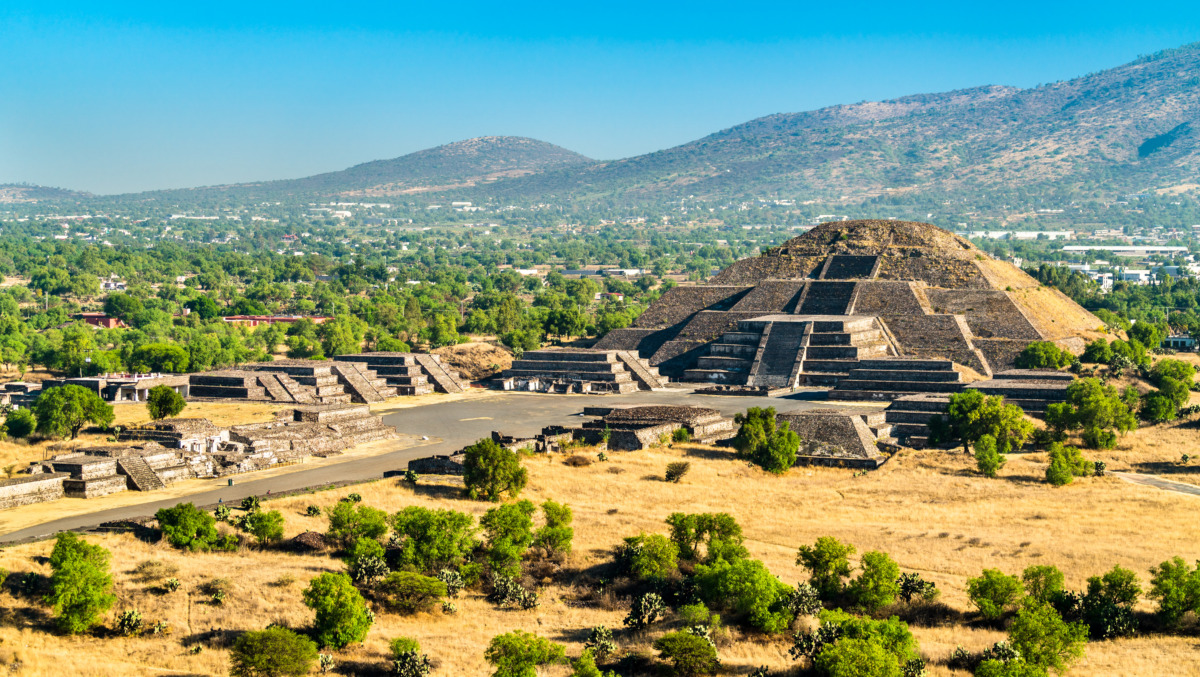 Aerial view of the Pyramid of the Moon located at the Teotihuacan in Mexico