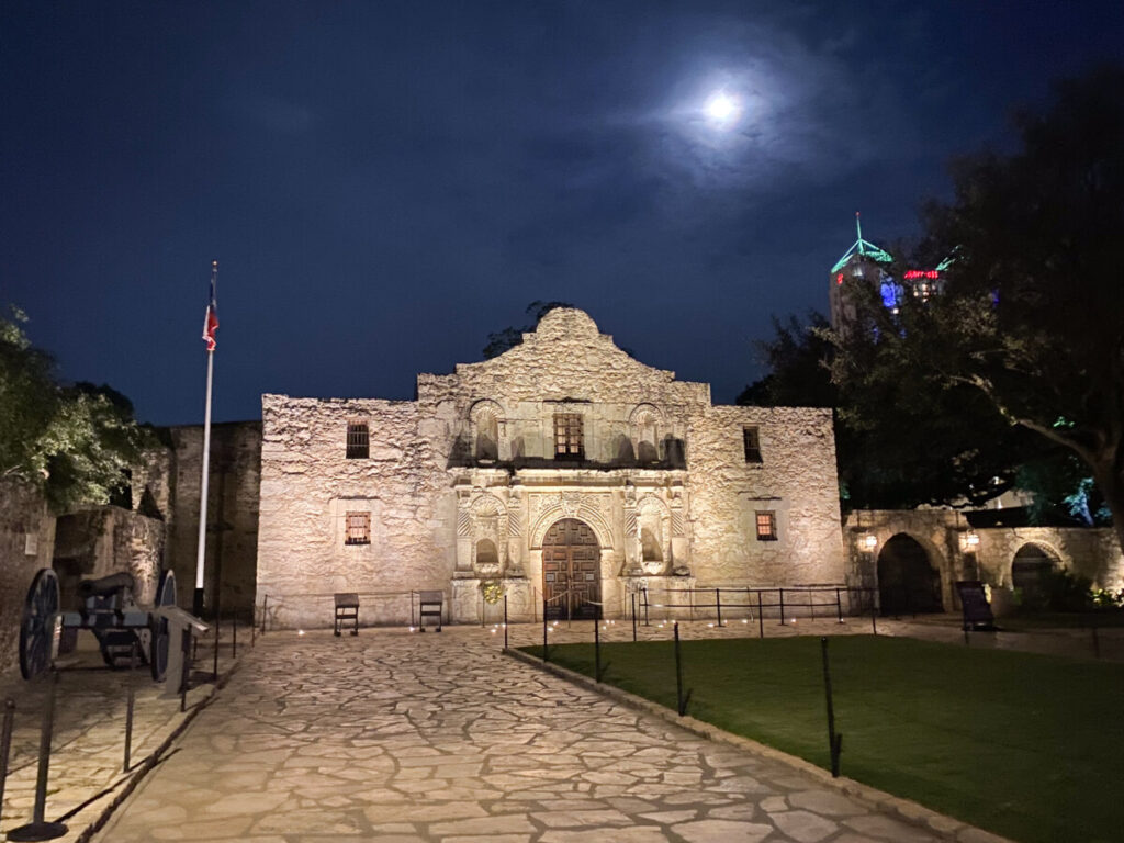 Front of the Alamo at Night with a Full Moon