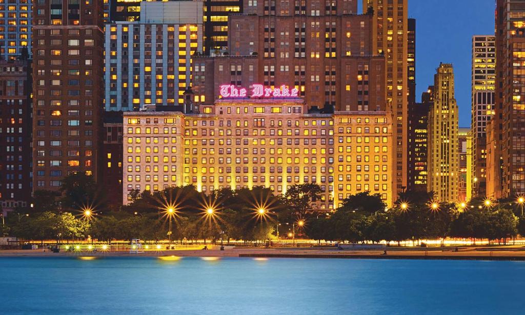 The Drake Hotel building at night in Chicago