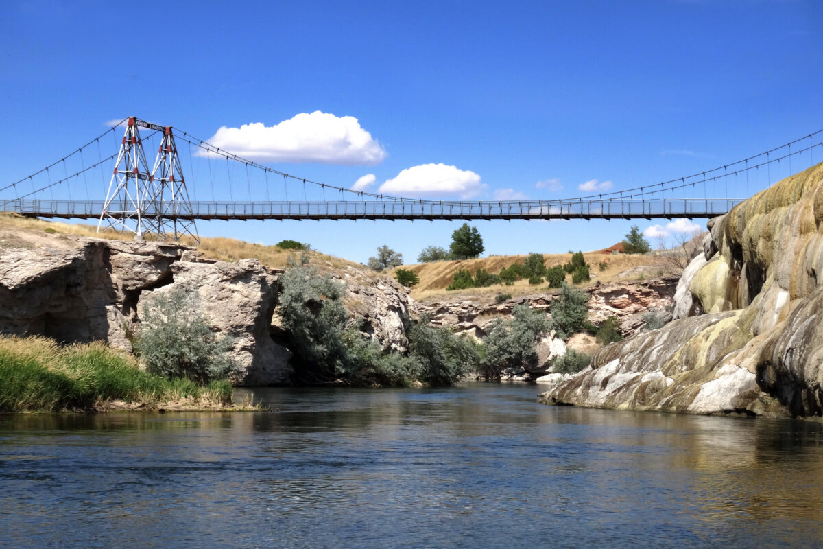 A bridge in Hot Springs State Park crosses the Bighorn River in Thermopolis, Wyoming