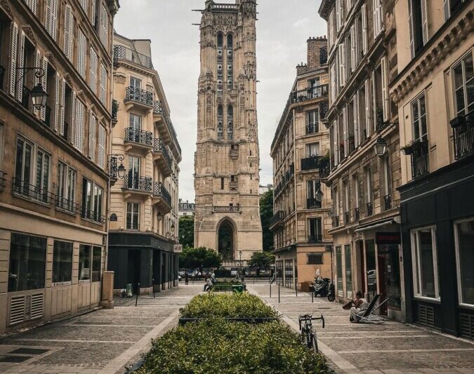 Tour Saint-Jacques amid quaint Parisian streetscape