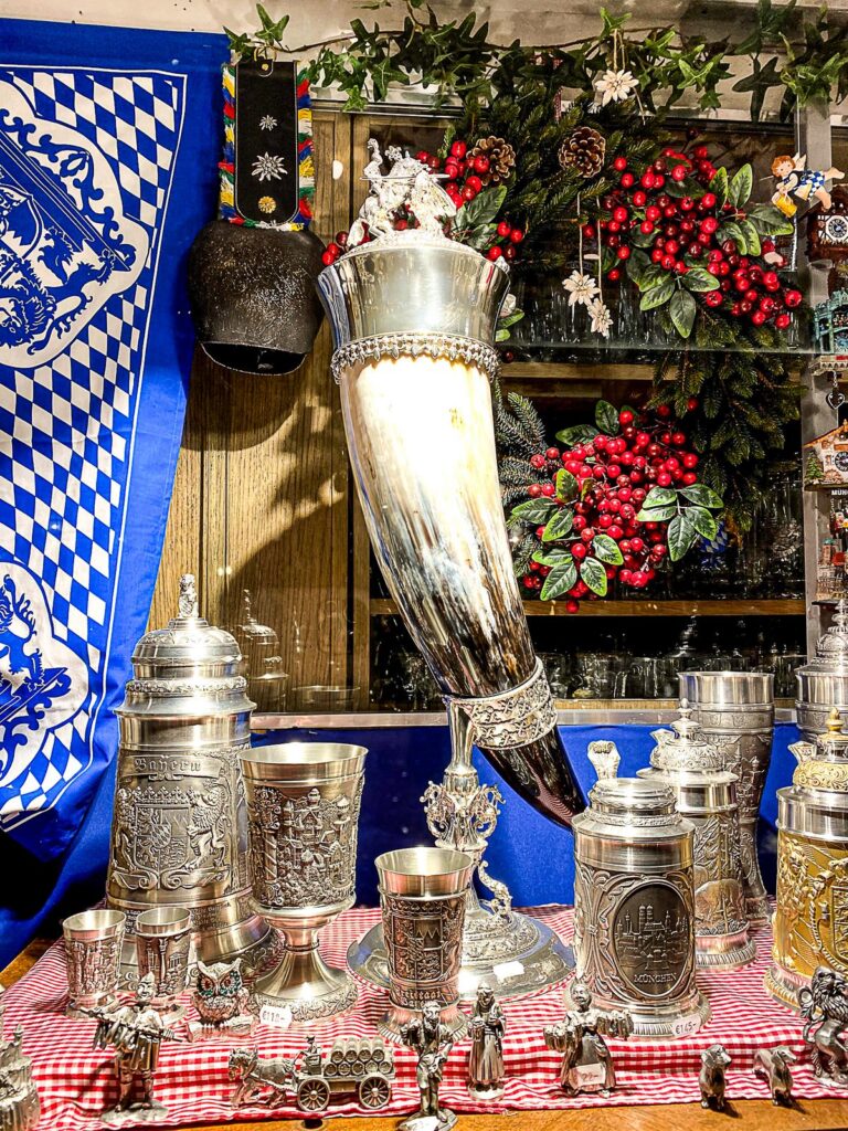 Traditional German beer steins on display at Hofbräuhaus München.