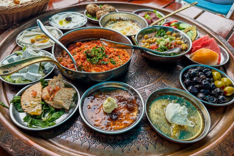 Traditional Turkish and Lebanese brunch spread at ZouZou Restaurant in Dubai showcasing vibrant Mediterranean cuisine