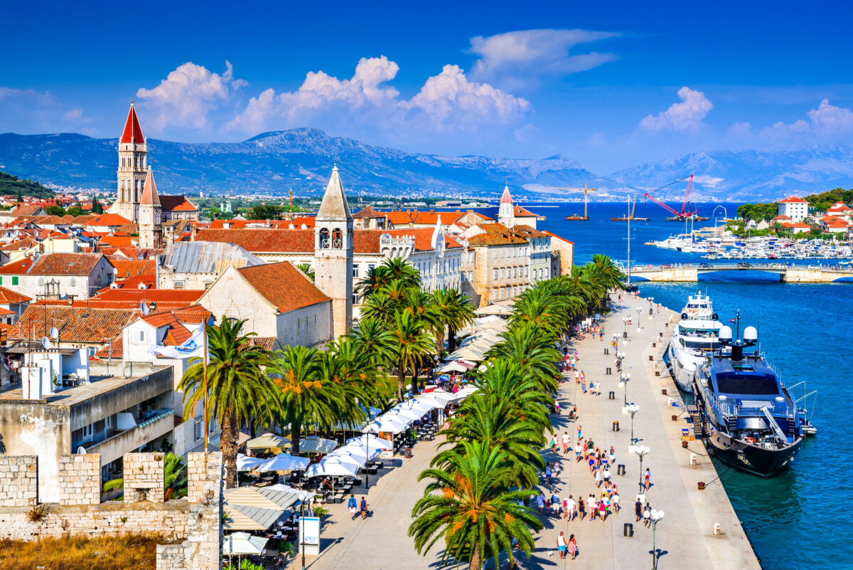 Aerial view of Trogir historic town and harbor in Croatia