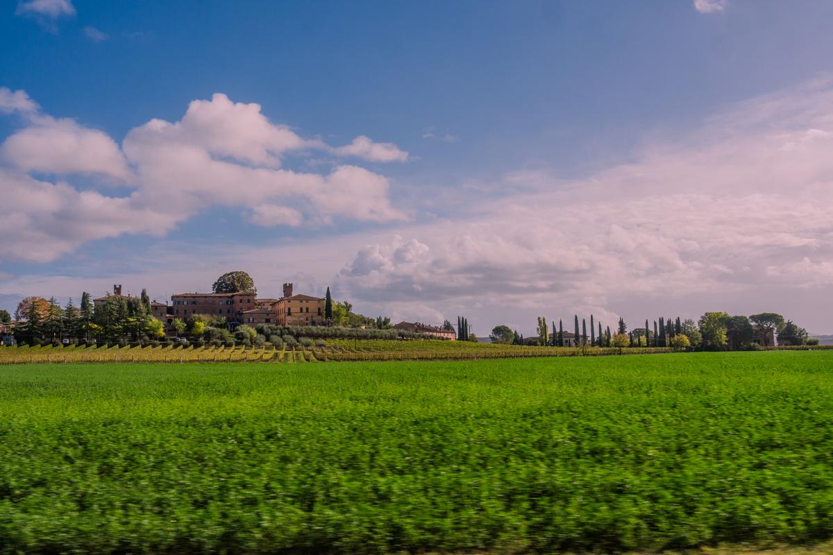 Tuscan countryside with historic buildings and vineyards near Siena, Italy