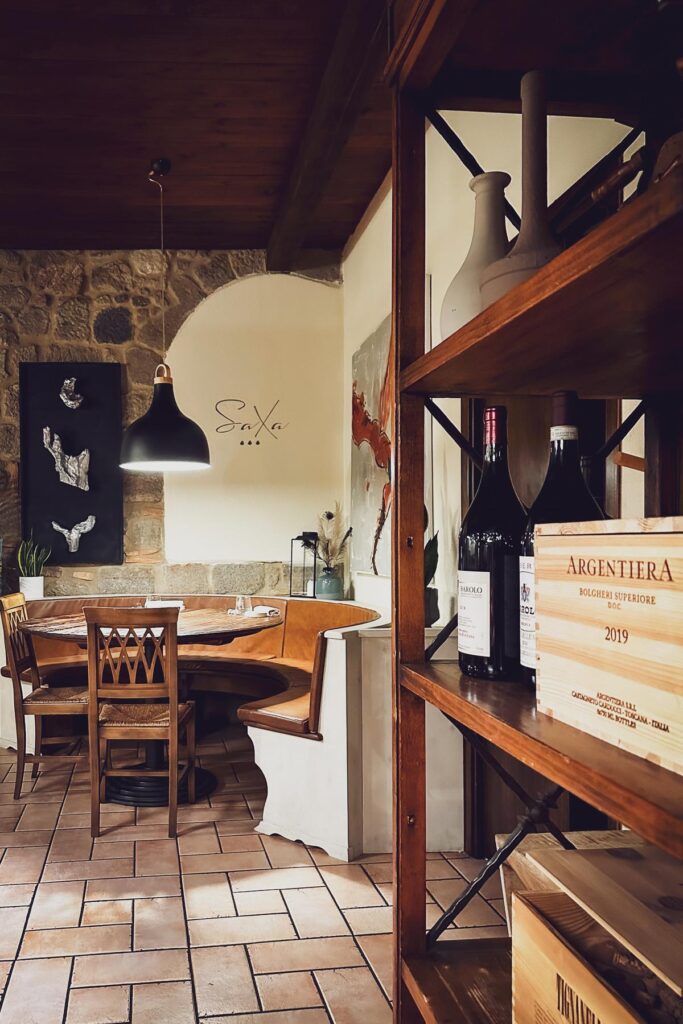 Tuscan restaurant SaXa's elegant interior with fine wines and artisanal decor