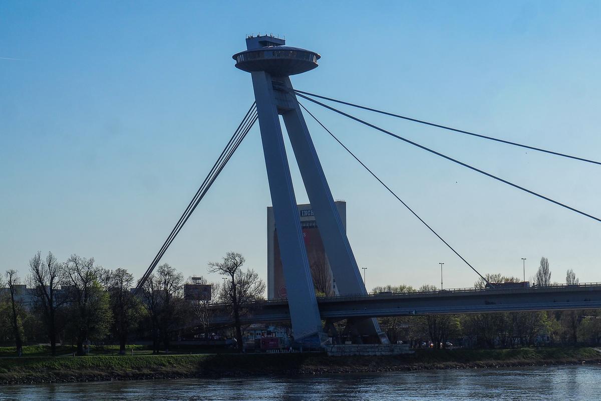 UFO Bridge in Bratislava at sunset, iconic skyline view
