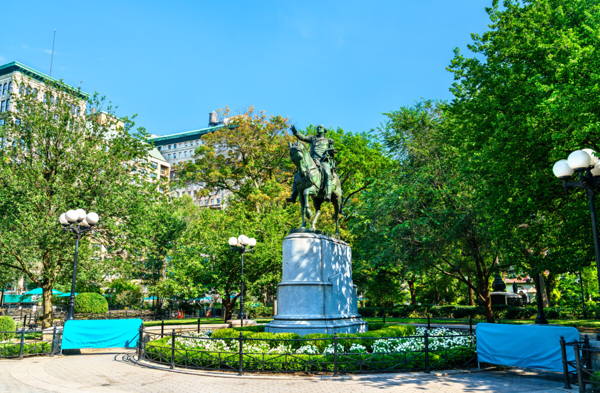 Close-up of the George Washington statue at Union Square Park in New York