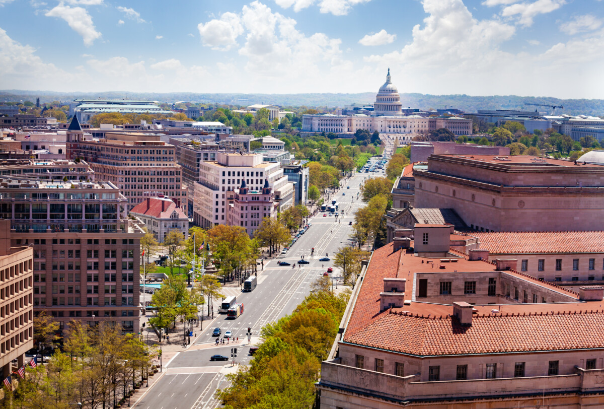 Aerial view of United States Capitol Building and Washington, D.C. Streets