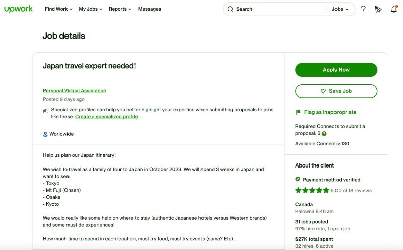 Japan Travel Expert job in Upwork