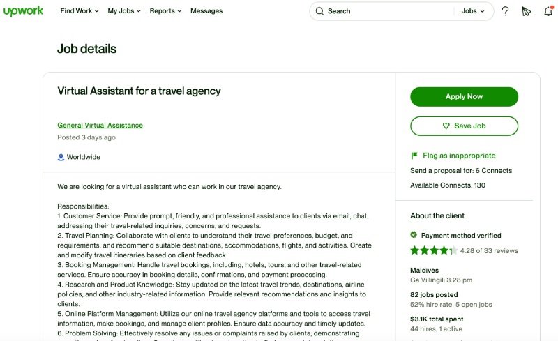Travel Agency Assistant job in Upwork