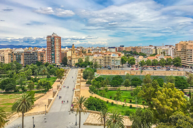 Aerial view of the bridge and buildings in Valencia, Spain