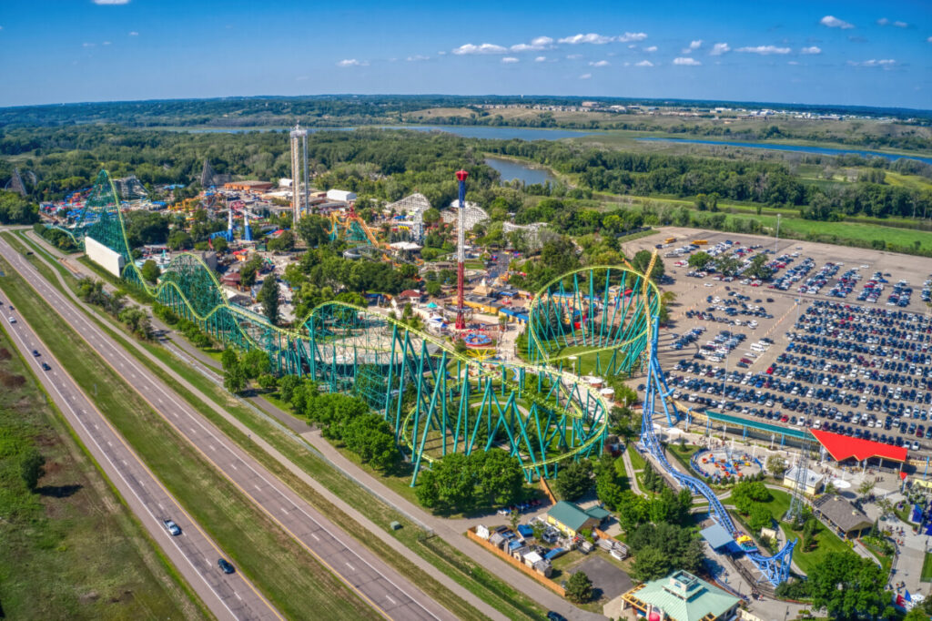 Aerial view of Valleyfair roller coasters and rides in Shakopee, Minnesota