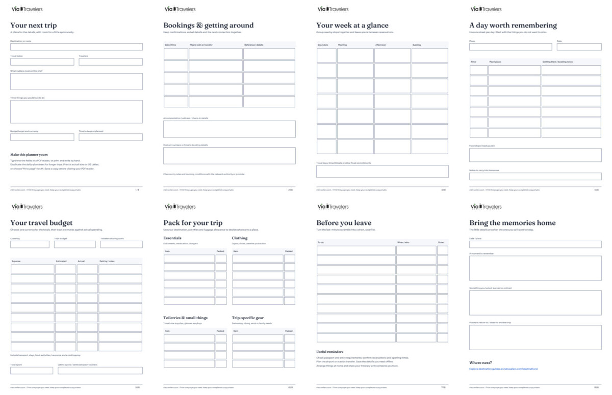 Preview of all eight pages in the ViaTravelers printable travel planner
