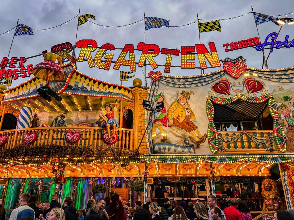 Oktoberfest amusement rides at twilight in Munich