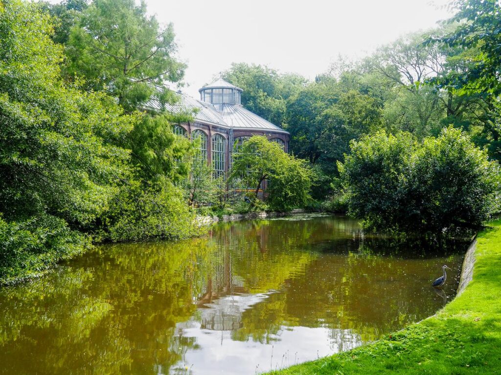 Historic glasshouse beside a pond at Hortus Botanicus Amsterdam