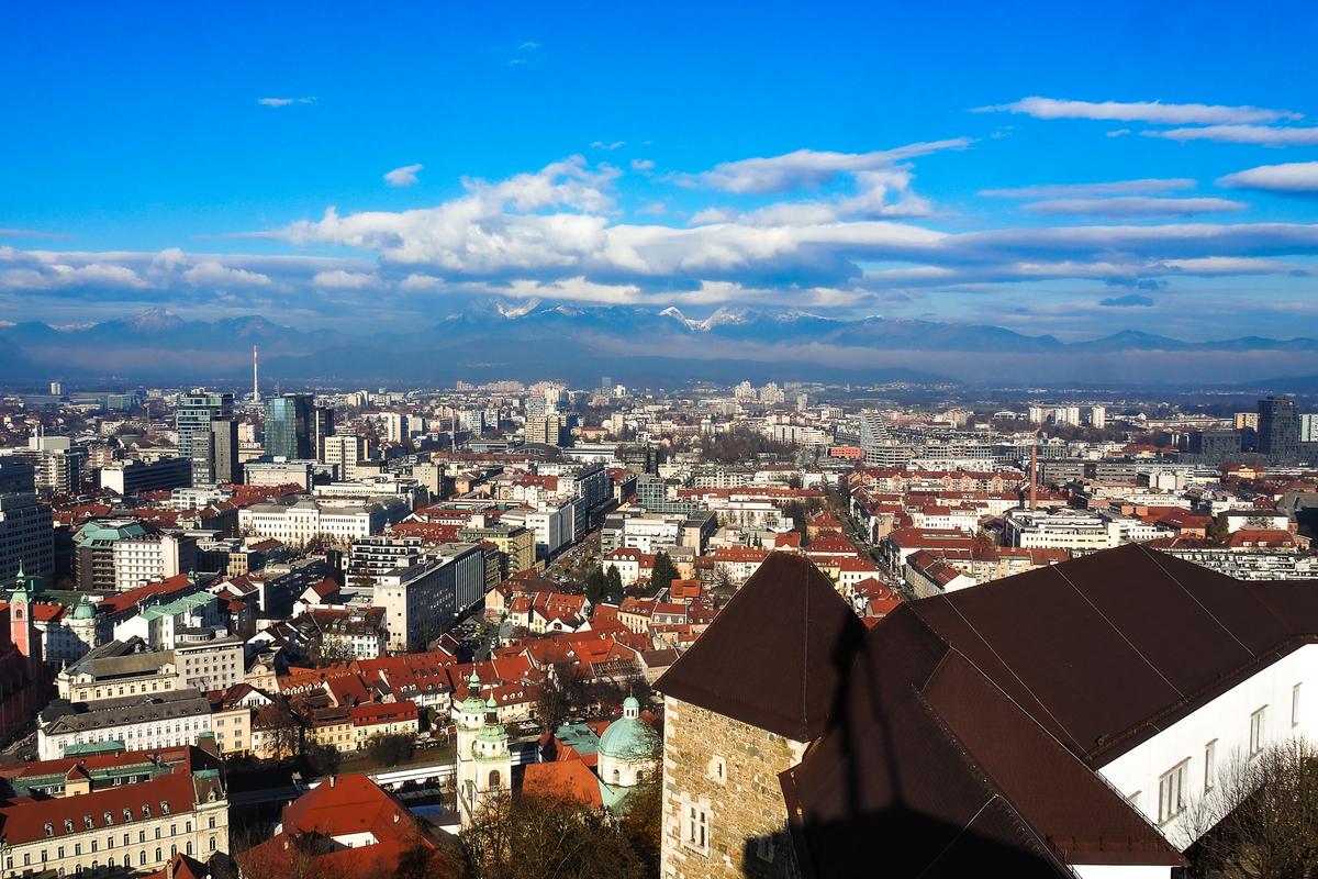 Panoramic view of Ljubljana, Slovenia from Ljubljana Castle hilltop