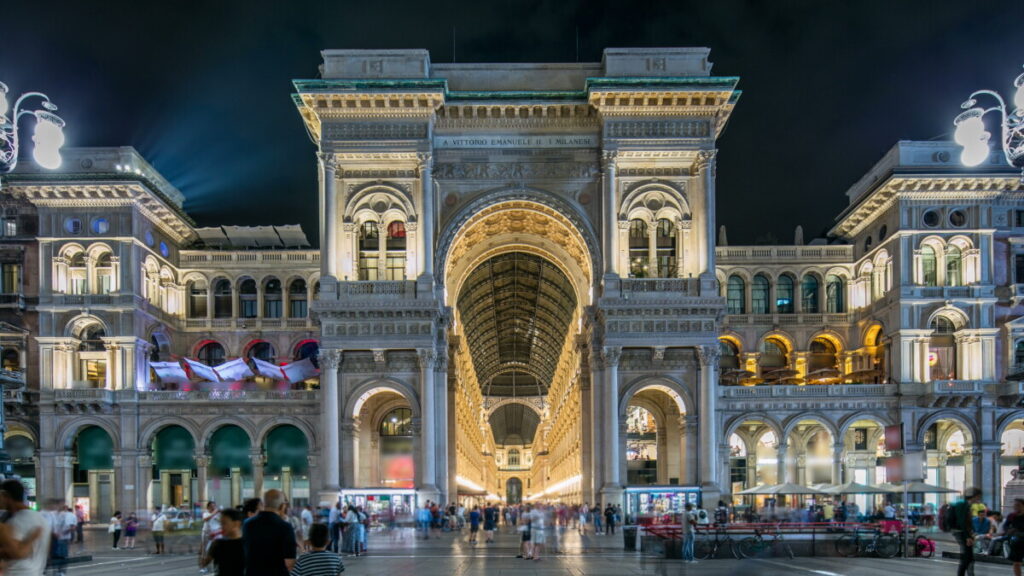 Vittorio Emanuele II Gallery at night in Milan, Italy