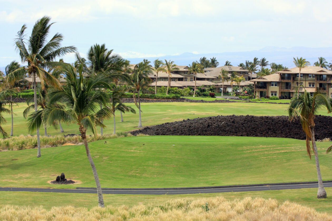 Waikoloa Village, Kona, Hawaii: modern resort architecture, golf greens, palm trees, lava rock, ocean view.