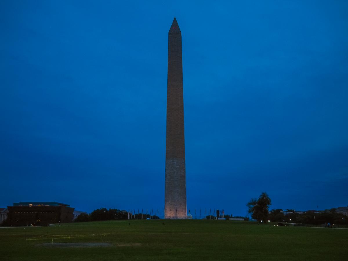 Twilight view of Washington Monument with lighting in D.C.