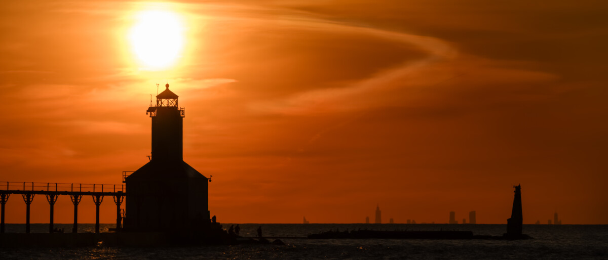 Washington Park Lighthouse at Sunset with Chicago in Background