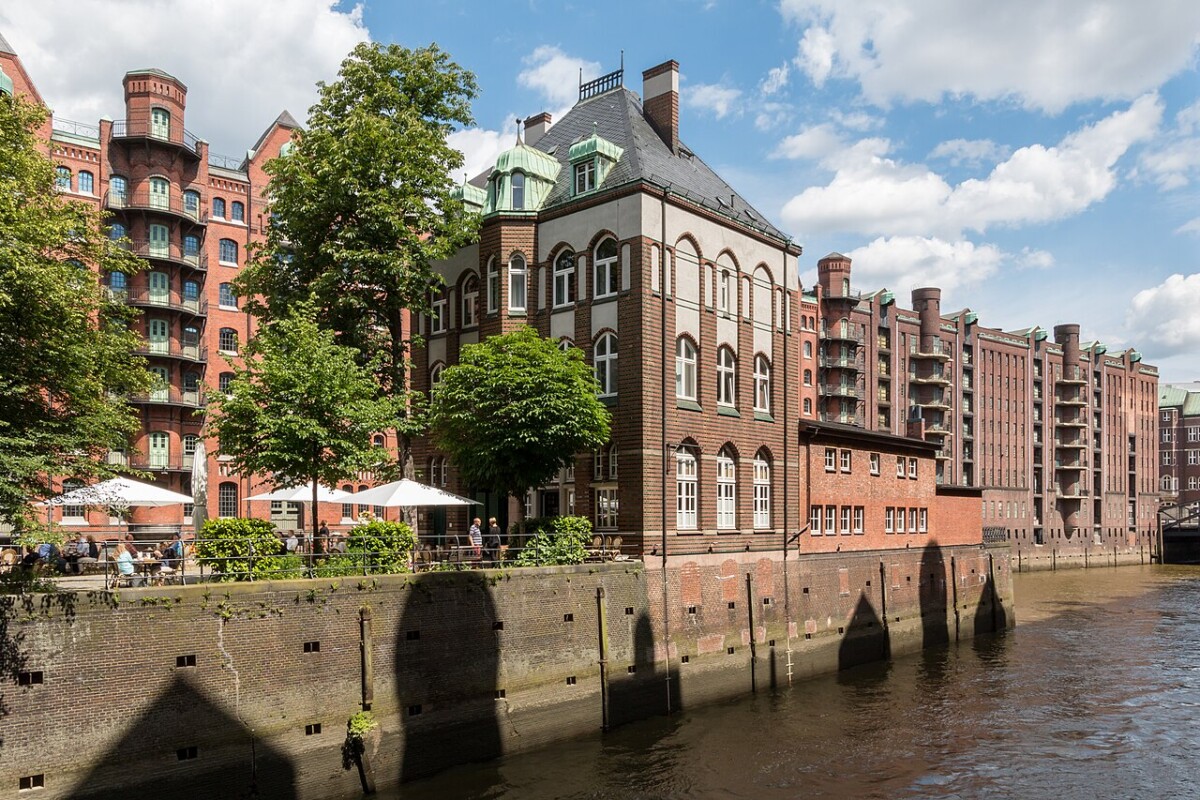 Wasserschloss in Speicherstadt, a Hamburg landmark and monument by the canal.