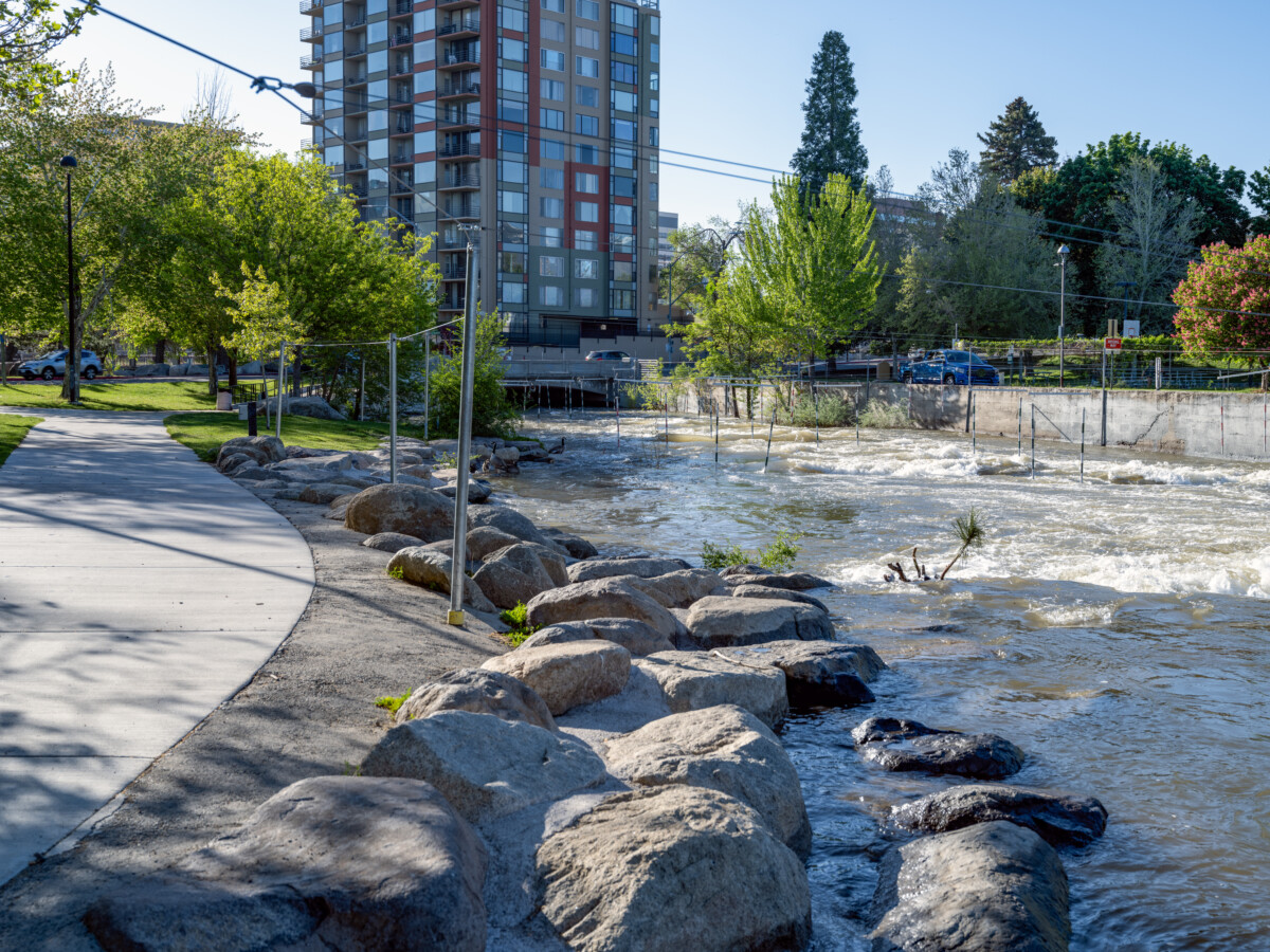 Walking trail beside the Truckee River at Wingfield Park in downtown Reno, Nevada