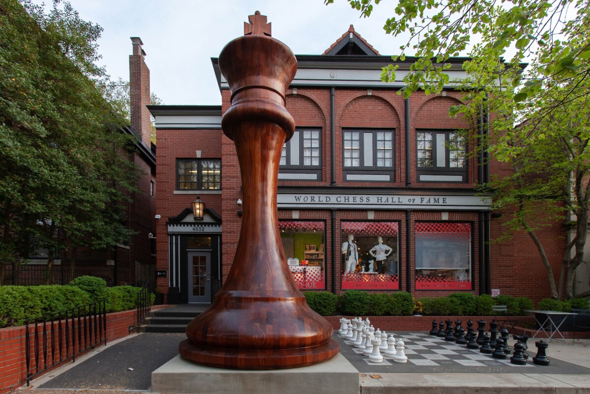 Huge chess piece statue and the front of World Chess Hall of Fame in St Louis, Missouri
