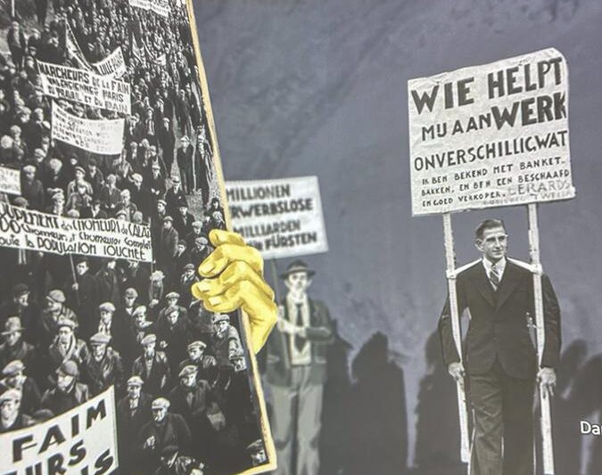 Interactive display at Dutch WWII Resistance Museum in Amsterdam highlighting historical protests.