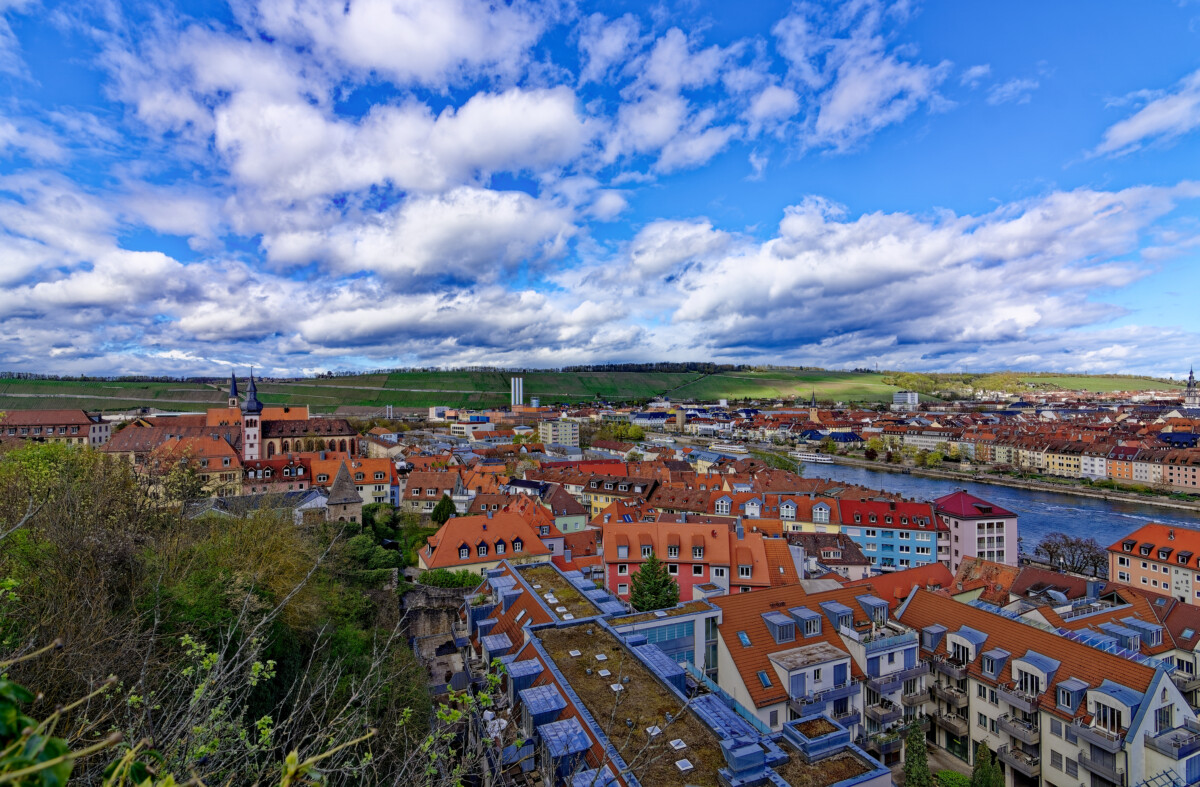 A beautiful day in the medieval city of Wurzburg on a rainy day.