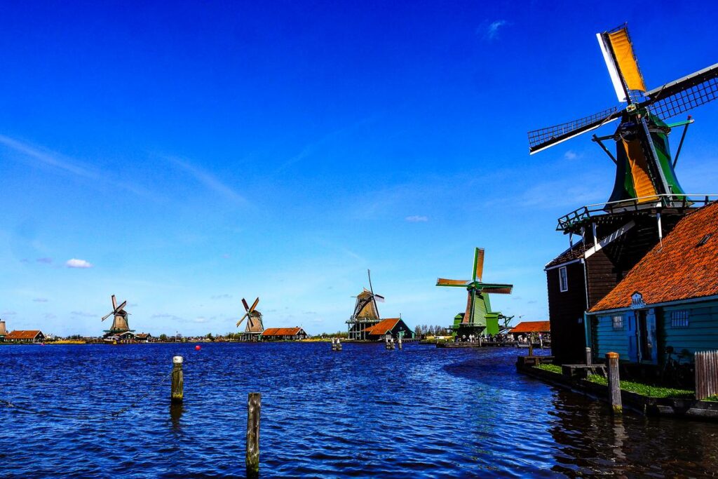 Traditional Dutch windmills at Zaanse Schans, North Holland