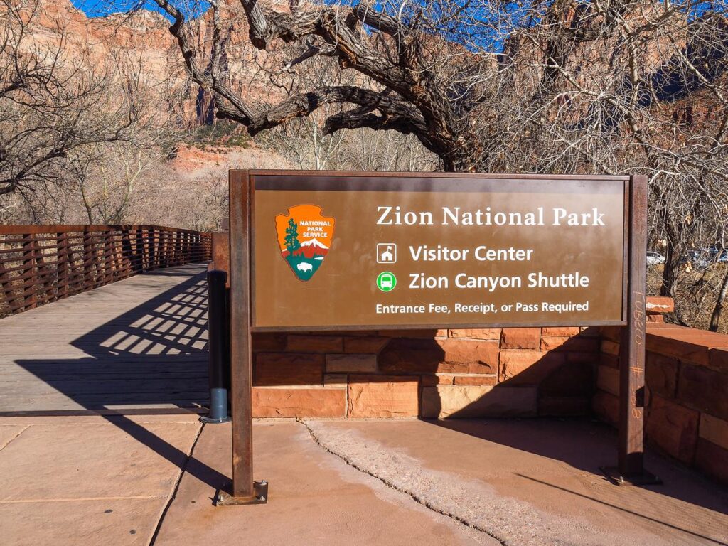 Visitor Center and Zion Canyon Shuttle sign at Zion National Park